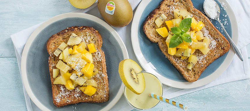 Kokos wentelteefjes met kiwi en mango