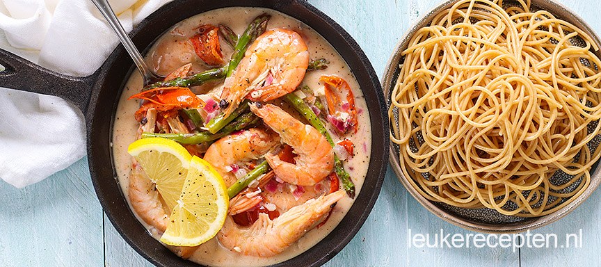 Pasta met gamba’s in romige saus