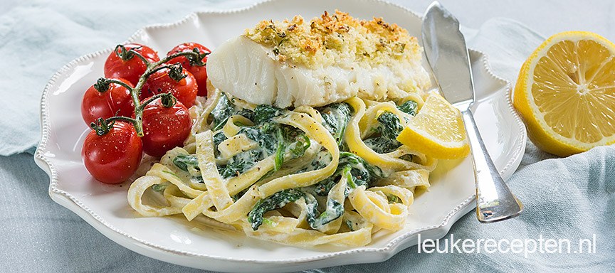 Pasta met spinazie en kabeljauw