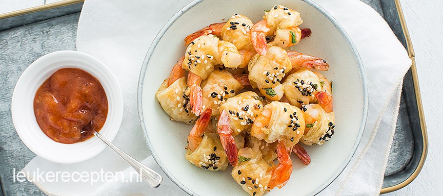 Krokante knoflook garnalen