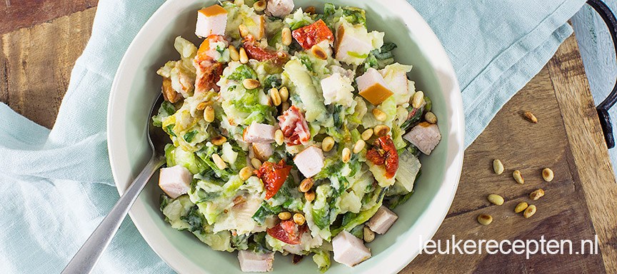 Andijviestamppot met gerookte kip