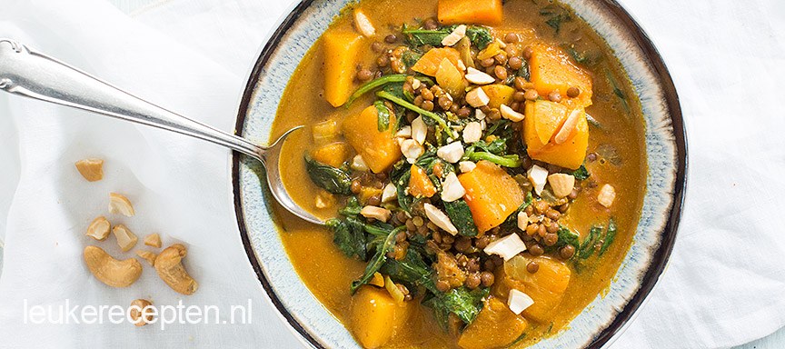 Pompoencurry met linzen