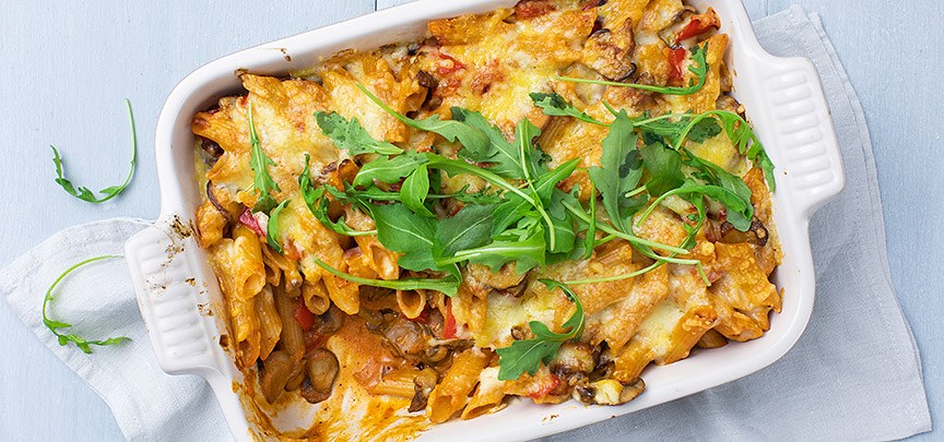 Vegetarische stroganoff ovenschotel