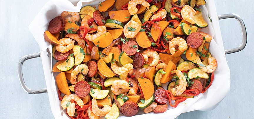 Garnalen met chorizo van de bakplaat