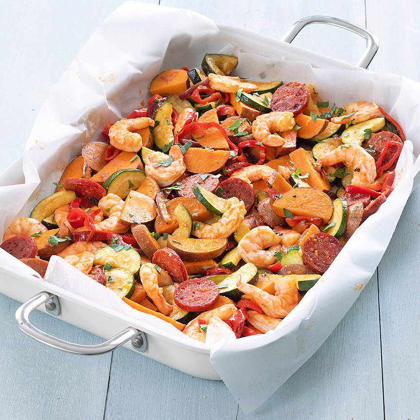 Garnalen met chorizo van de bakplaat