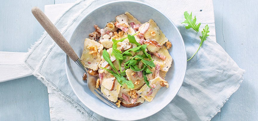 Ravioli met peer en spekjes