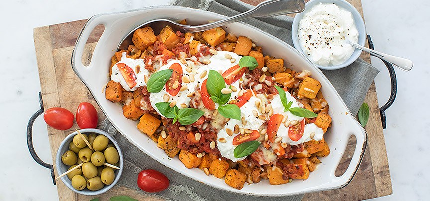 Zoete aardappel bolognese schotel uit de oven