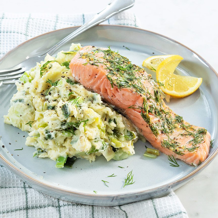 Preistamppot met mosterd dille zalm