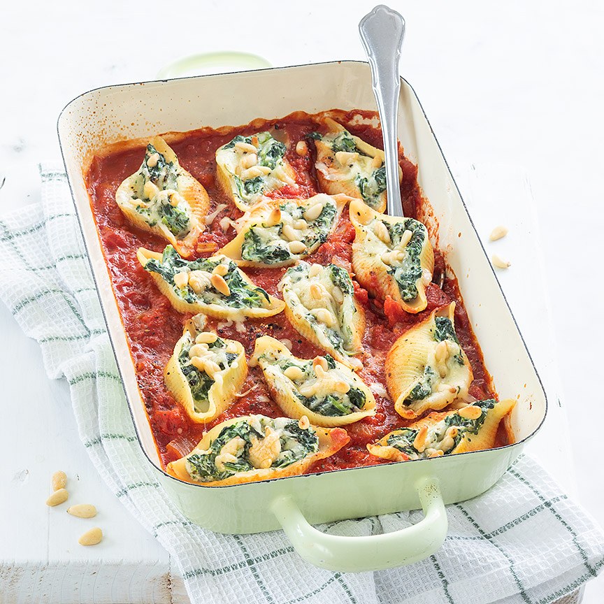 Pastaschelpen met spinazie