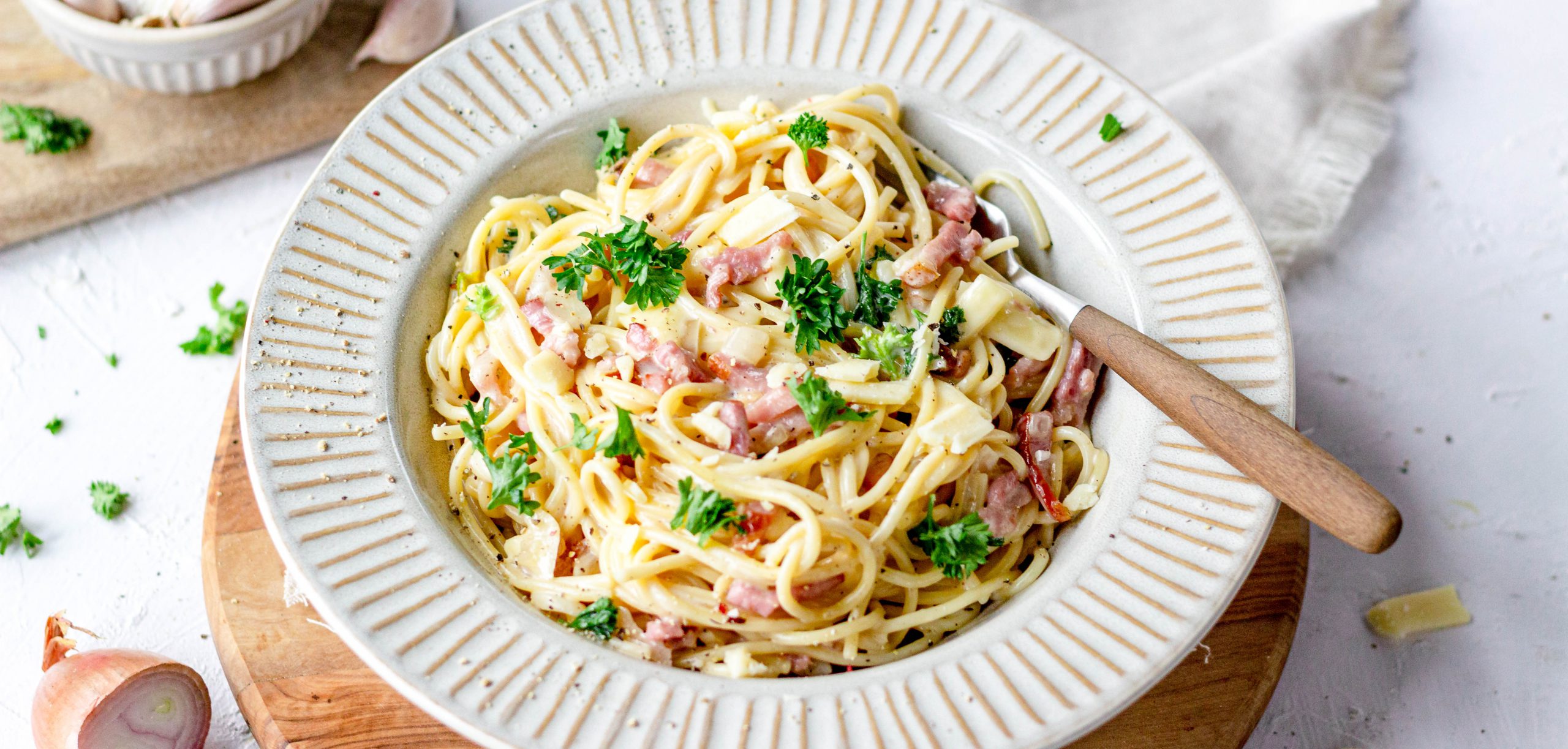 Lactosevrije spaghetti carbonara met roomsaus