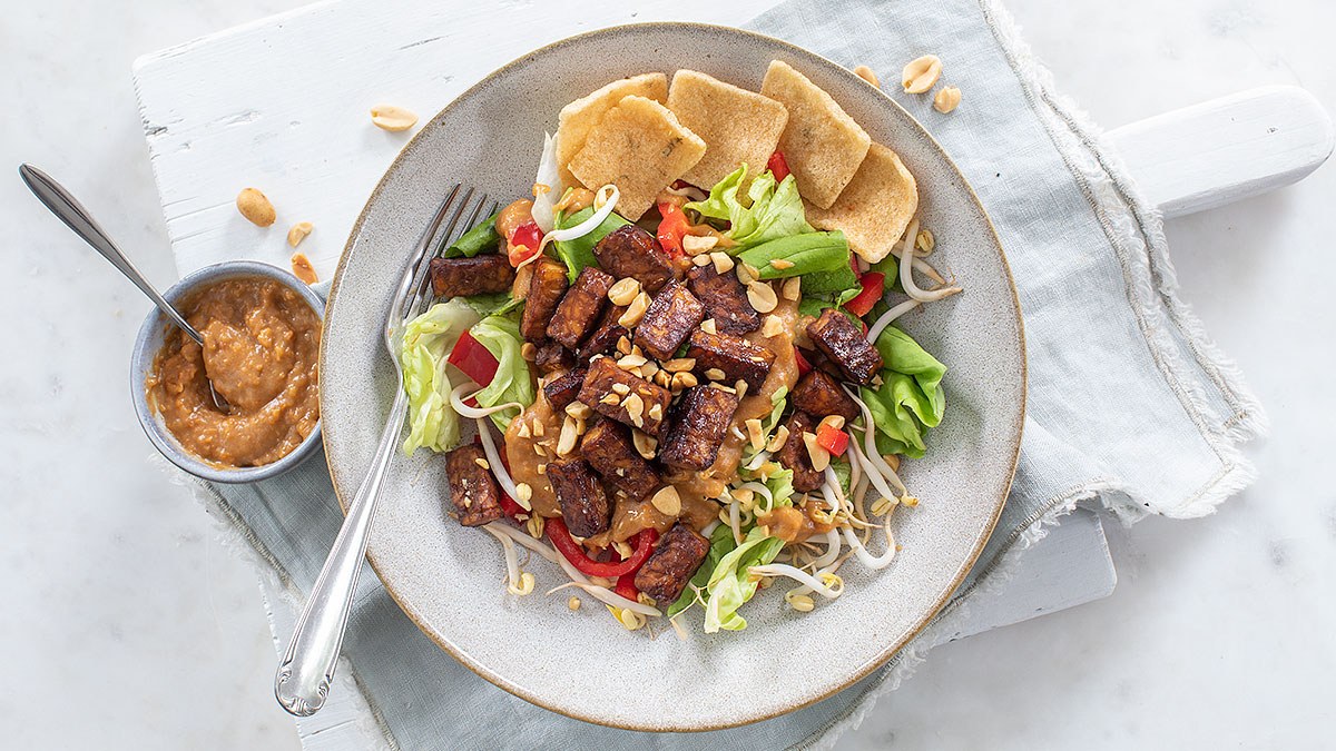 Gebakken tempeh salade met pindasaus
