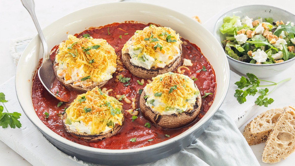 Gevulde portobello in tomatensaus