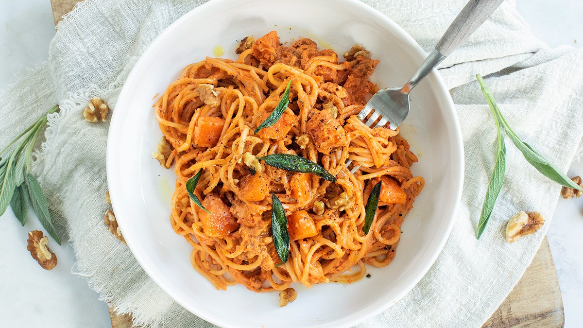 Pasta met geroosterde pompoen 