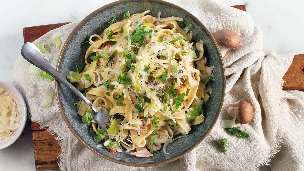 Romige pasta met prei