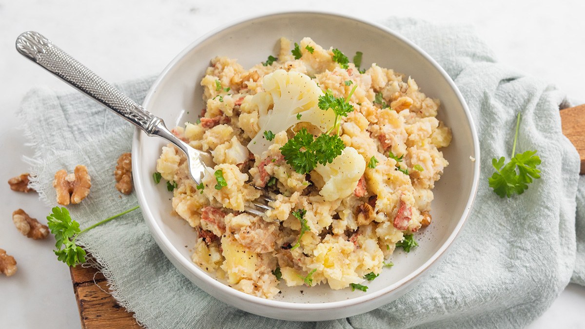 Bloemkoolstamppot met spekjes