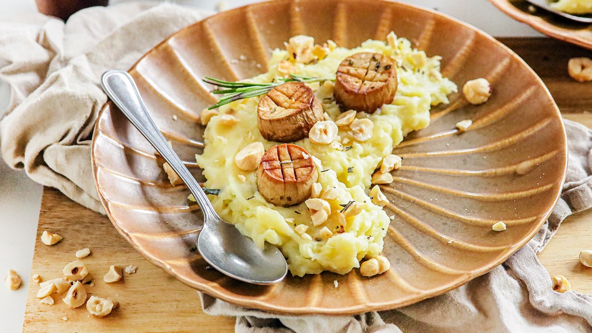 Vegan coquilles met knolselderijpuree