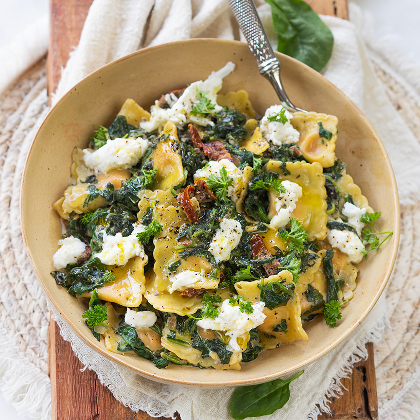 ravioli met spinazie en mozzarella